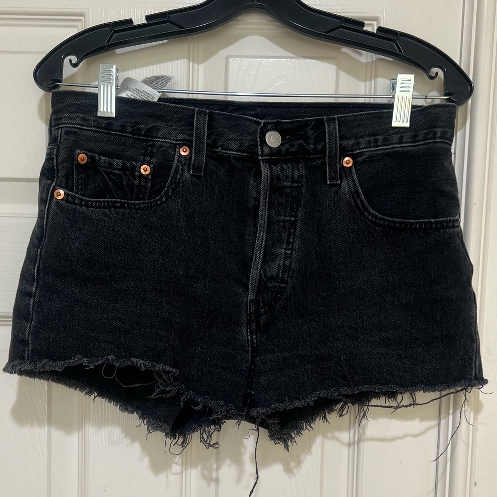 Levi’s 501 Button Fly Cut Off Denim charcoal black Shorts Womens W28 Raw summer